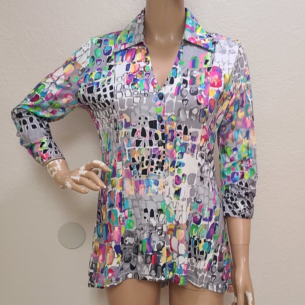 SNO SKINS KNIT BUTTON-FRONT TUNIC SHIRT COLLARED MULTICOLOR RUCHED SLEEVES sz S